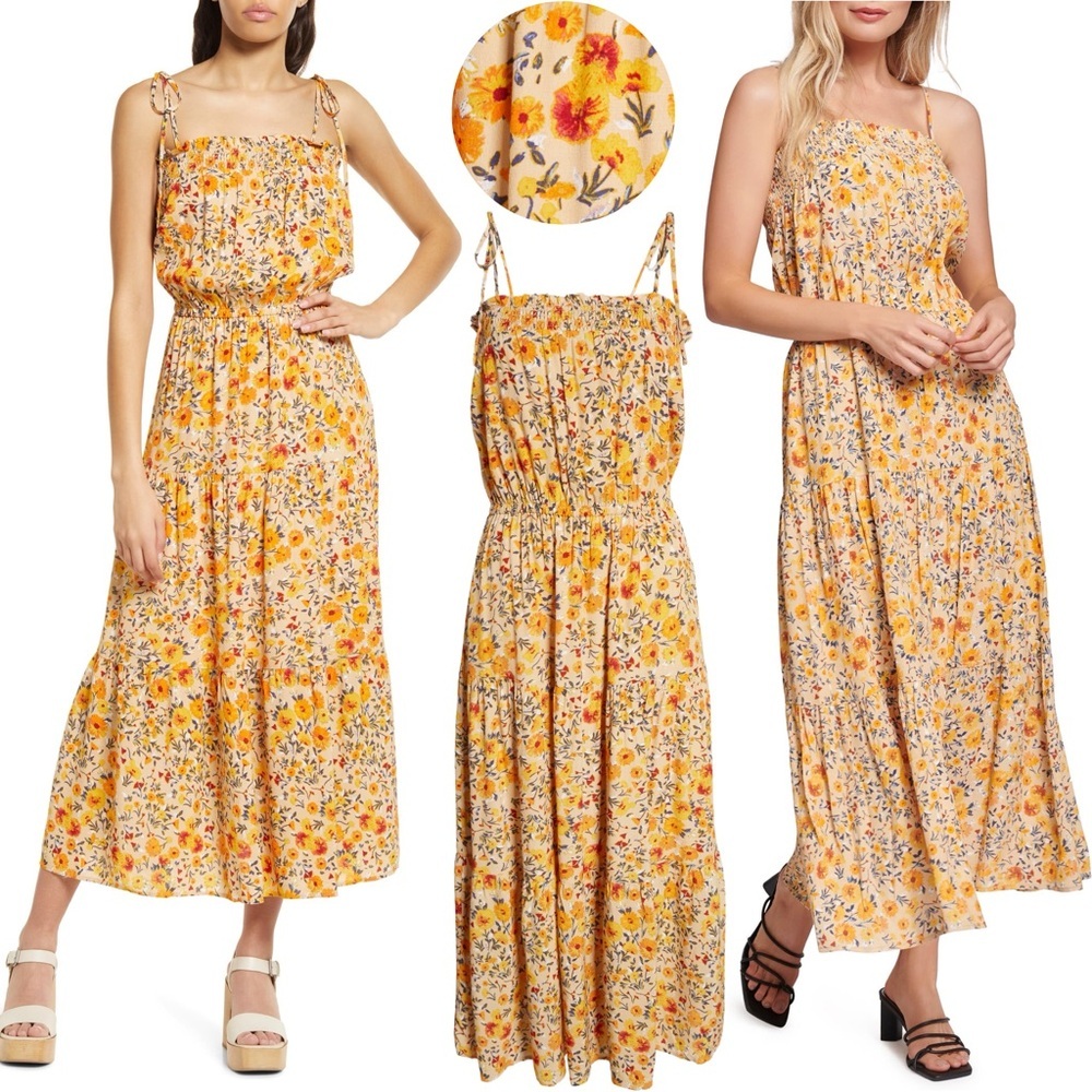 Lost + Wander Orange Yellow Floral Maxi Dress Boho Cottagecore Smocked Tiered L